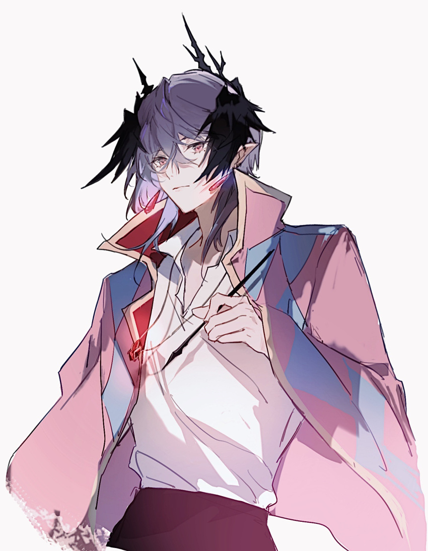 1boy, argyle_cape, argyle_clothes, arknights, blouse, cape, chinese_commentary, collared_cape