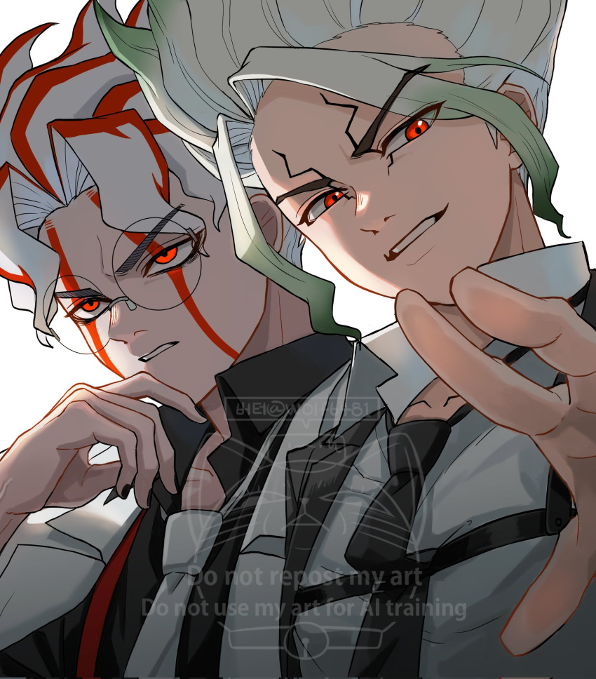2boys, alternate_form, blonde_hair, copyright_request, dandadan, dr._stone, facial_mark, glasses