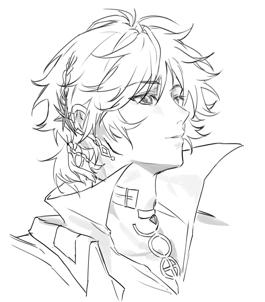 1boy, arknights, braid, chinese_commentary, commentary, cropped_shoulders, earrings, greyscale