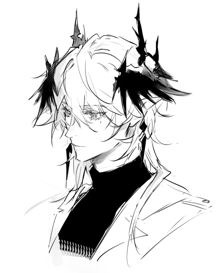 1boy, arknights, chinese_commentary, commentary, cropped_shoulders, crossed_bangs, earrings, expressionless