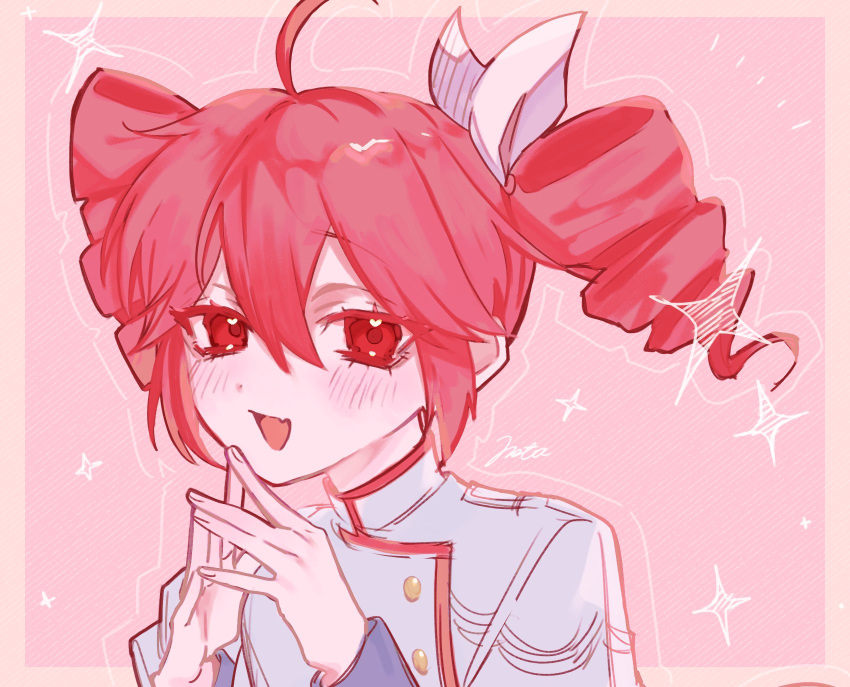 ahoge, black_sleeve_cuffs, blush, bow, buttons, drill_hair, grey_jacket, hair_between_eyes, hair_bow, hashtag-only_commentary, heart, heart_in_eye, highres, jacket, kasane_teto, kasane_teto_(sv), nata_kadu, open_mouth, red_eyes, red_hair, shoulder_boards, sleeve_cuffs, steepled_fingers, striped_clothes, striped_jacket, symbol_in_eye, synthesizer_v, twin_drills, twintails, upper_body, utau, white_bow