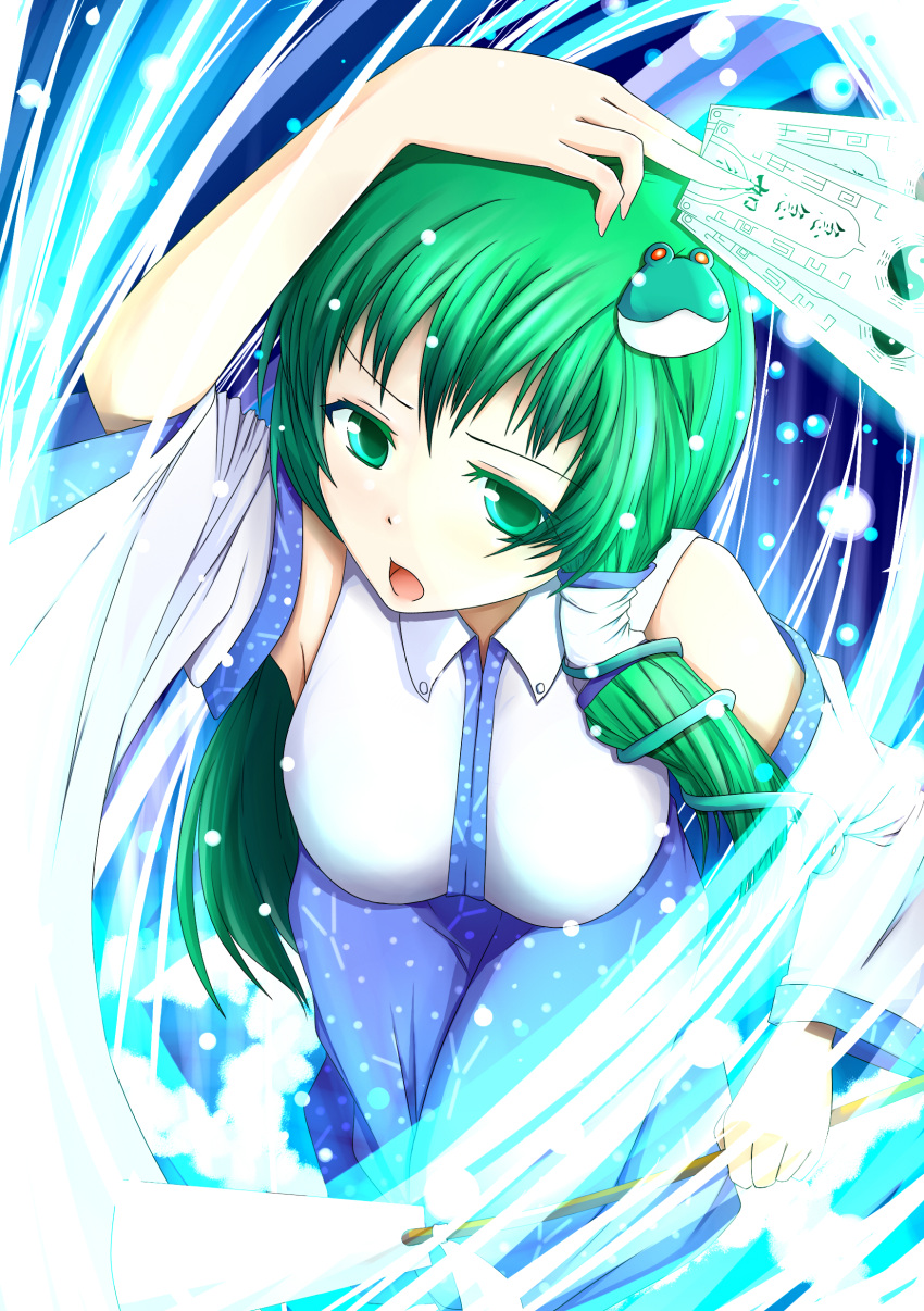 absurdres, breasts, detached_sleeves, frog, gohei, green_eyes, green_hair, hair_ornament