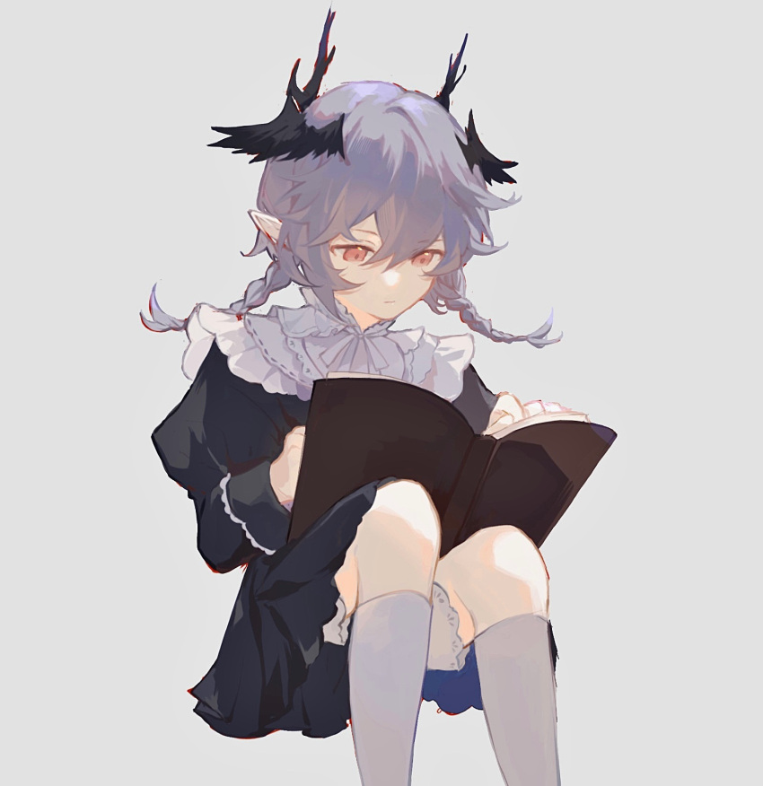 1boy, aged_down, arknights, black_dress, book, braid, braided_twintails, chinese_commentary, collar, commentary, crossdressing, dress, foot_out_of_frame, frilled_collar, frills, grey_background, grey_hair, hair_between_eyes, head_wings, highres, horns, intblue_(sunnudagur), invisible_chair, juliet_sleeves, kneehighs, logos_(arknights), long_sleeves, male_focus, open_book, pointy_ears, puffy_sleeves, reading, red_eyes, shorts, shorts_under_dress, simple_background, sitting, socks, solo, white_shorts, white_socks, wings