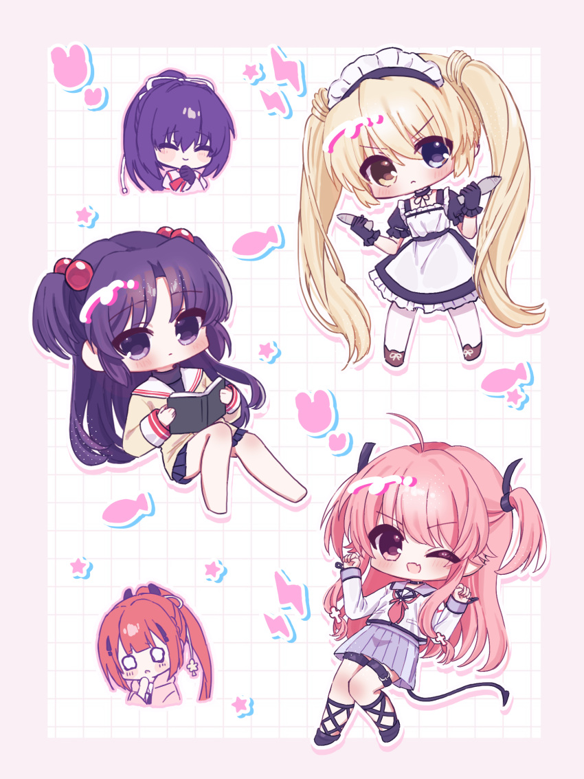 >:(, 5girls, ;d, ^_^, ahoge, angel_beats!, apron, black_dress
