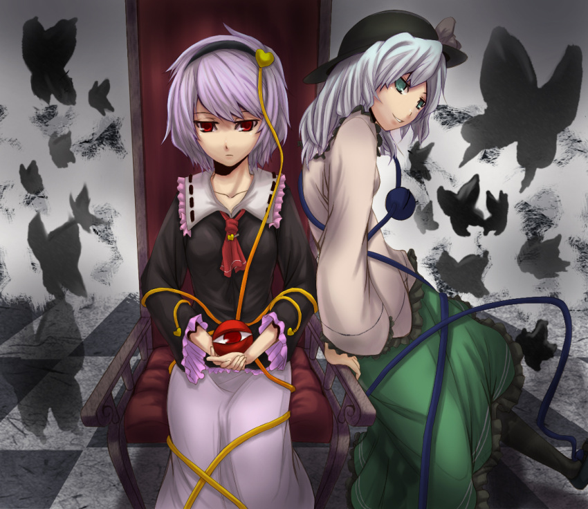 butterfly, eyeball, green_eyes, hairband, hat, heart, komeiji_koishi, komeiji_satori, multiple_girls, nanakusa_ayame, purple_hair, red_eyes, short_hair, siblings, sisters, third_eye, touhou