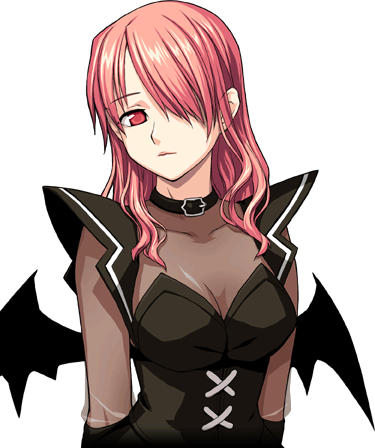 1girl, animated, animated_gif, bat_wings, blinking, choker, closed_eyes, collar, demon_girl, hair_over_one_eye, kristell, lowres, mabinogi, pink_hair, red_eyes, succubus, succubus_(mabinogi), transparent_background, wings
