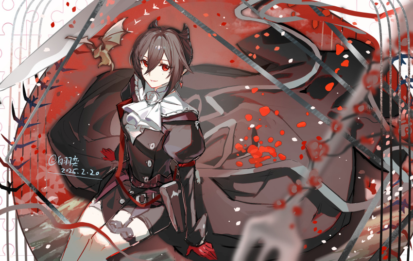 1girl, absurdres, arknights, ascot, baiyuyi, black_dress, blurry, blurry_foreground