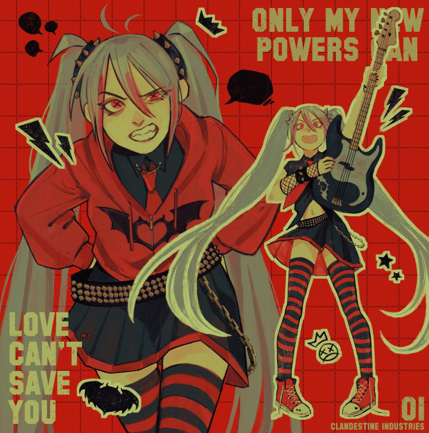 1girl, alternate_costume, belt, emo_fashion, guitar, hatsune_miku, highres, instrument