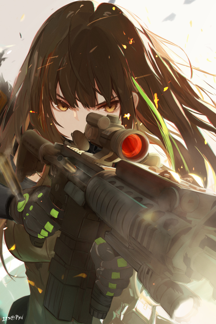 1girl, absurdres, aiming, assault_rifle, brown_hair, casing_ejection, girls_frontline, gloves