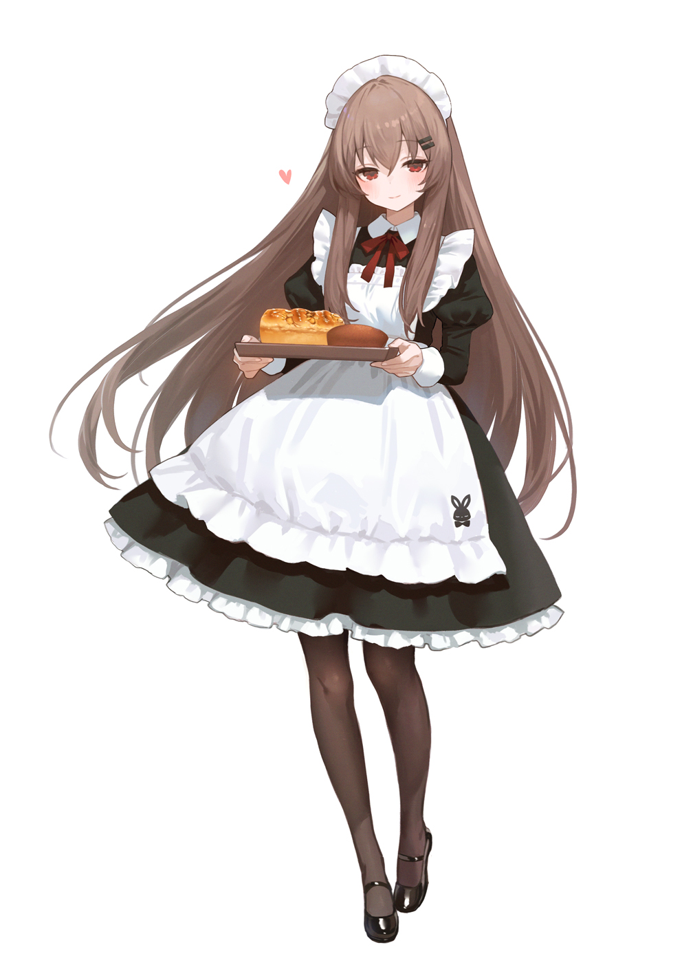 1girl, adelie_cat, apron, black_dress, black_pantyhose, black_shoes, blush, bread