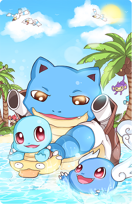 aipom, blastoise, brown_eyes, cannon, claws, clouds, coconut, coconut_tree