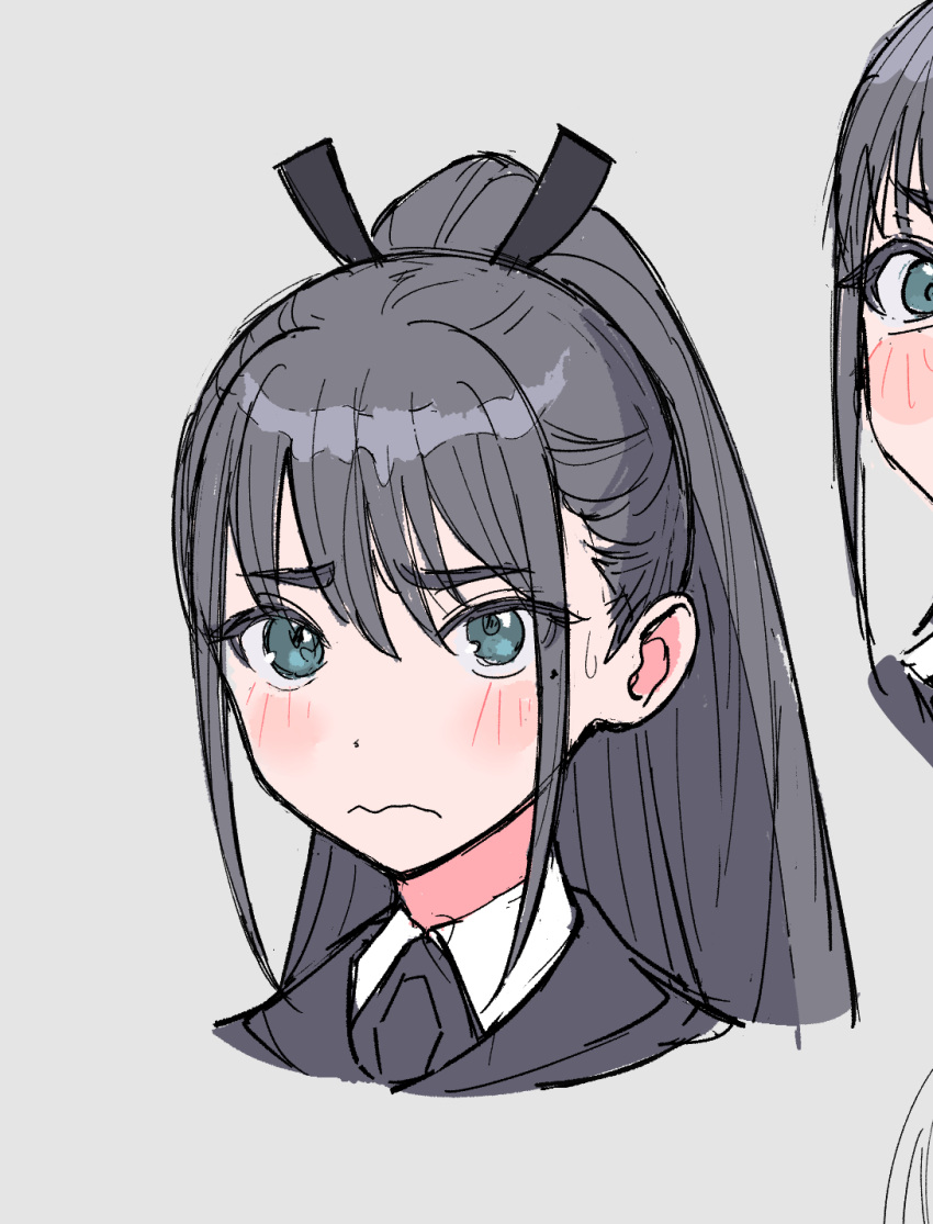 1girl, amaya_tsubame, black_jacket, black_necktie, blue_eyes, closed_mouth, gakuen_idolmaster, grey_background