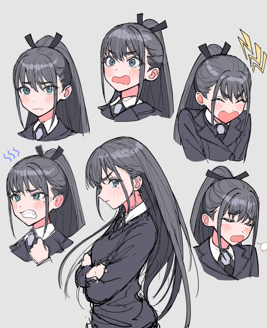 1girl, amaya_tsubame, angry, black_hair, blue_eyes, from_side, gakuen_idolmaster, grey_background