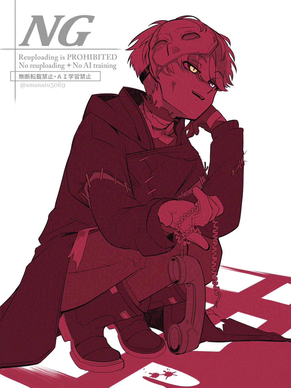 1boy, :d, adversarial_noise, amanatsu_(amanatu5069), blue_eyes, boots, coat, corded_phone