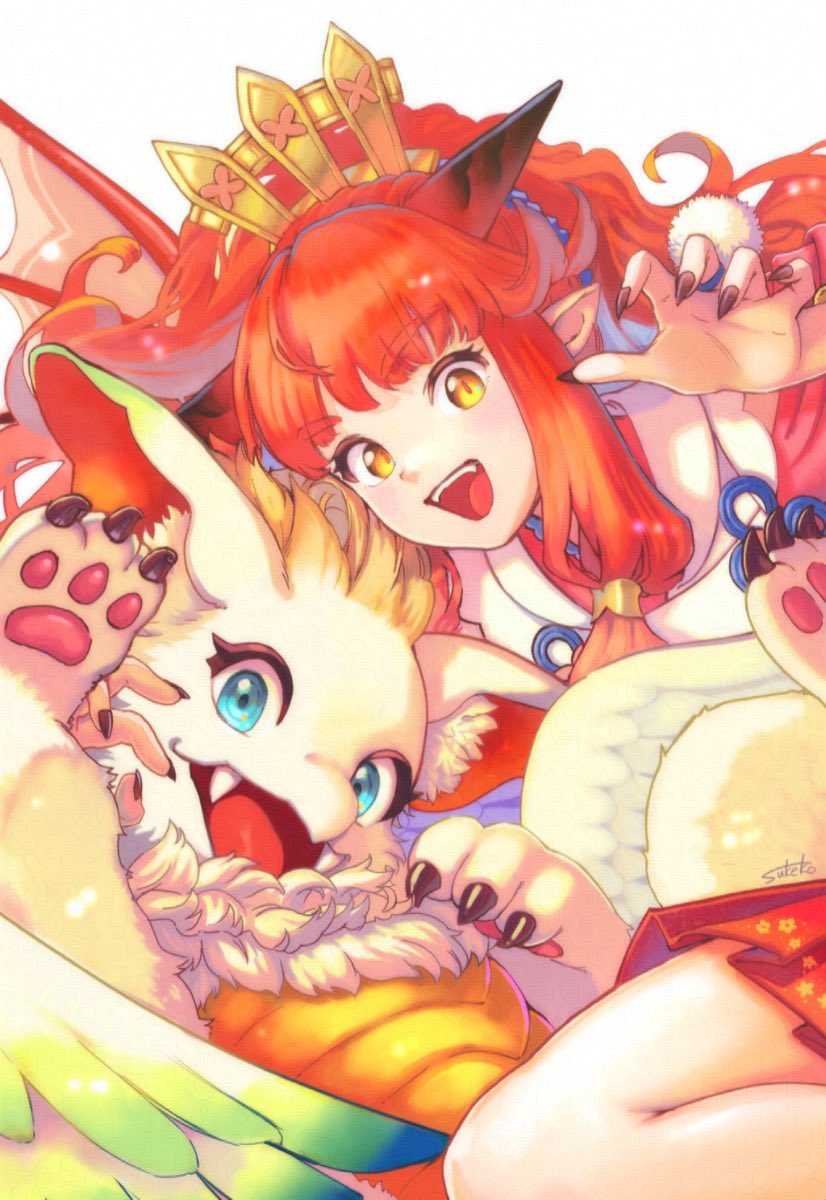 1girl, animal, blue_eyes, brown_nails, careena_(visions_of_mana), claws, creature, dragon_girl