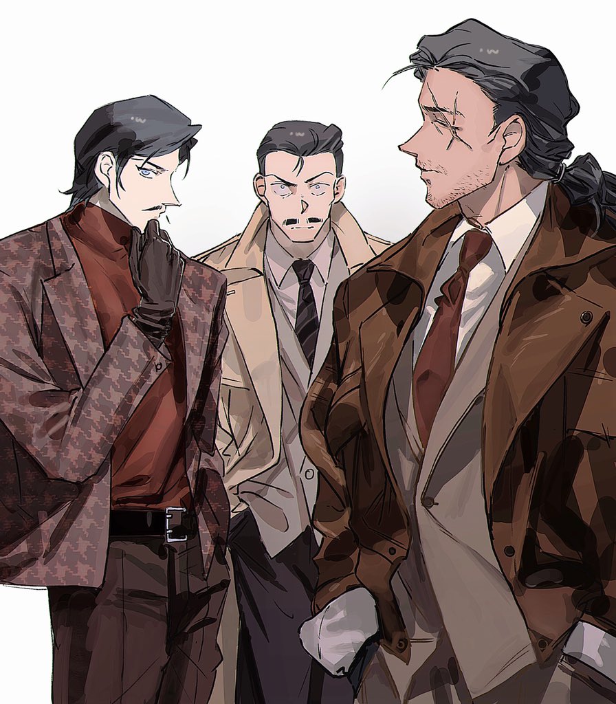 3boys, beard_stubble, belt, brown_coat, coat, cowboy_shot, facial_hair, gloves