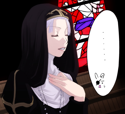 ..., 1girl, axe_assa, black_coif, black_dress, church, commentary_request, cross