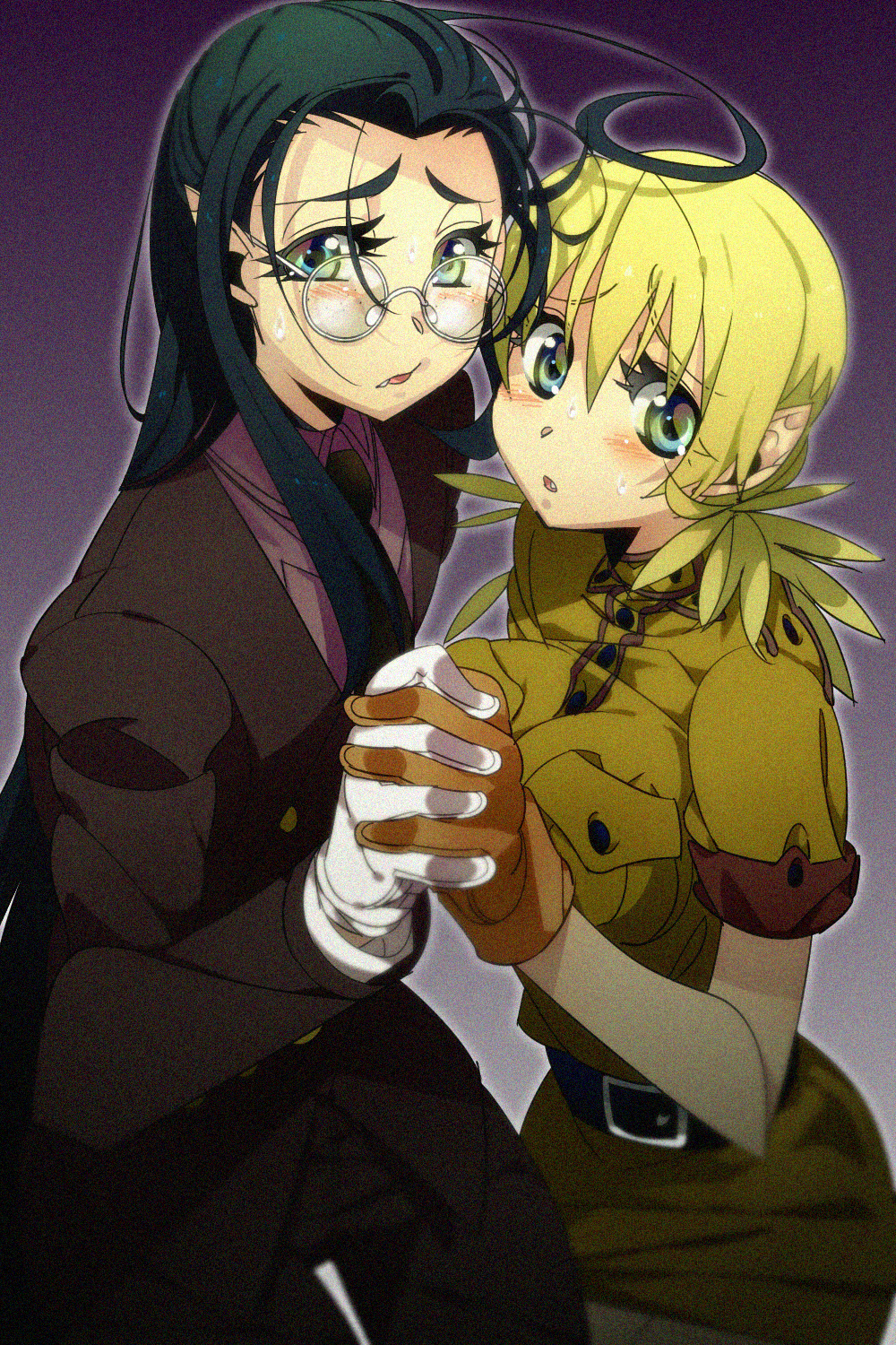 black_hair, blonde_hair, blue_eyes, blush, fang, formal, glasses, gloves