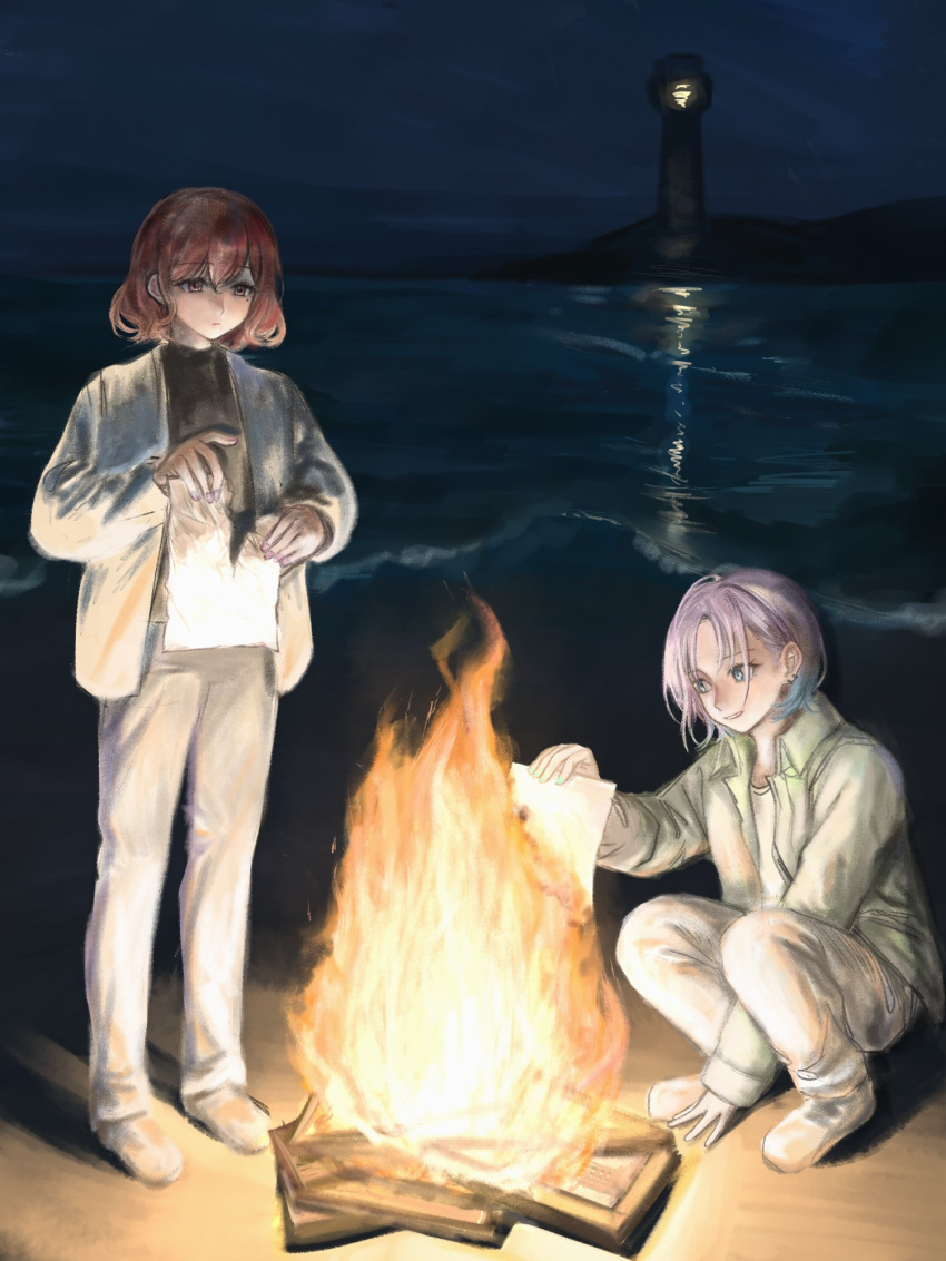 2girls, asakura_toru, beach, black_shirt, blue_eyes, blue_hair, bonfire, book