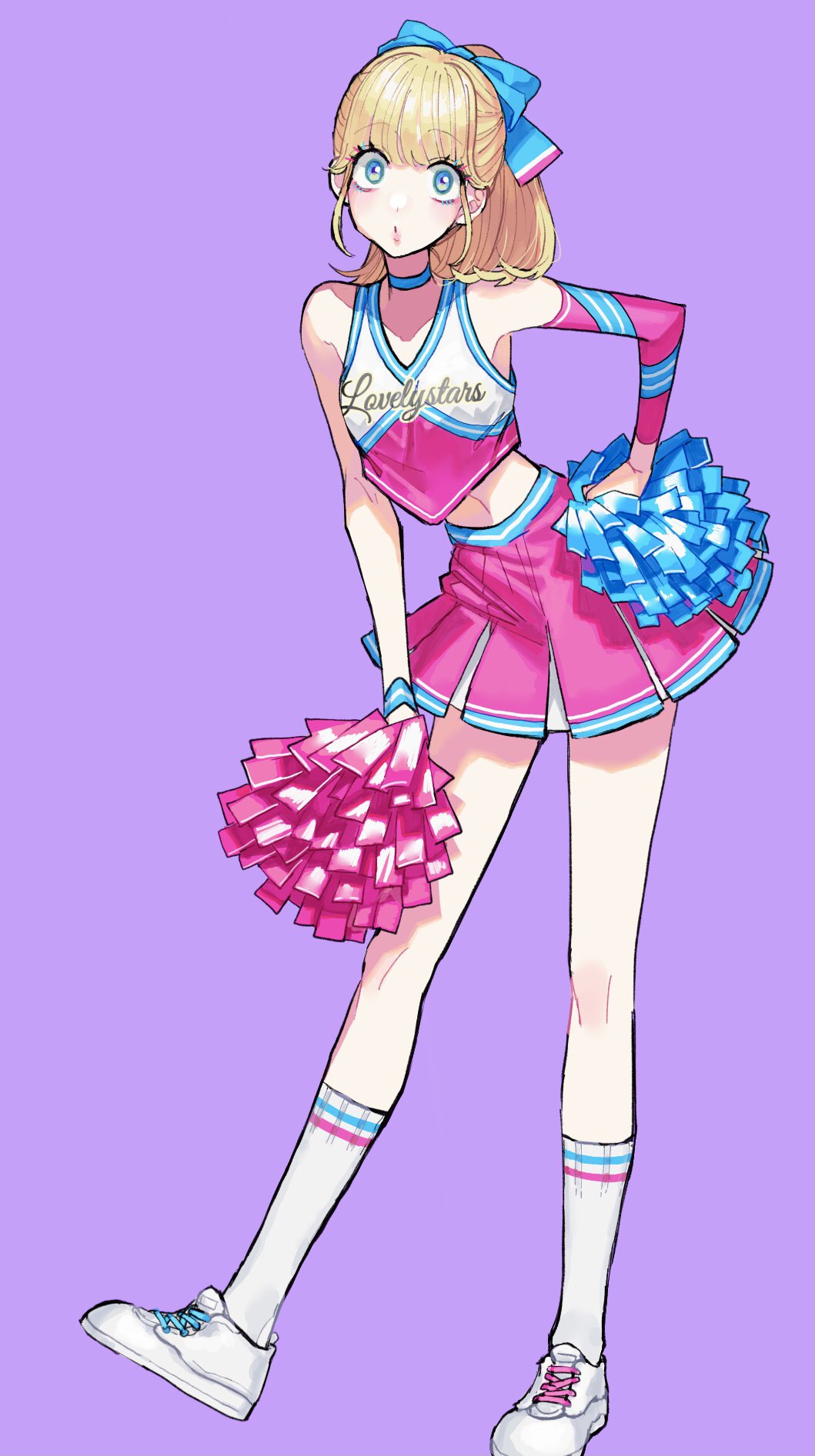 1girl, bare_shoulders, blonde_hair, blue_bow, blue_choker, blue_eyes, bow, breasts