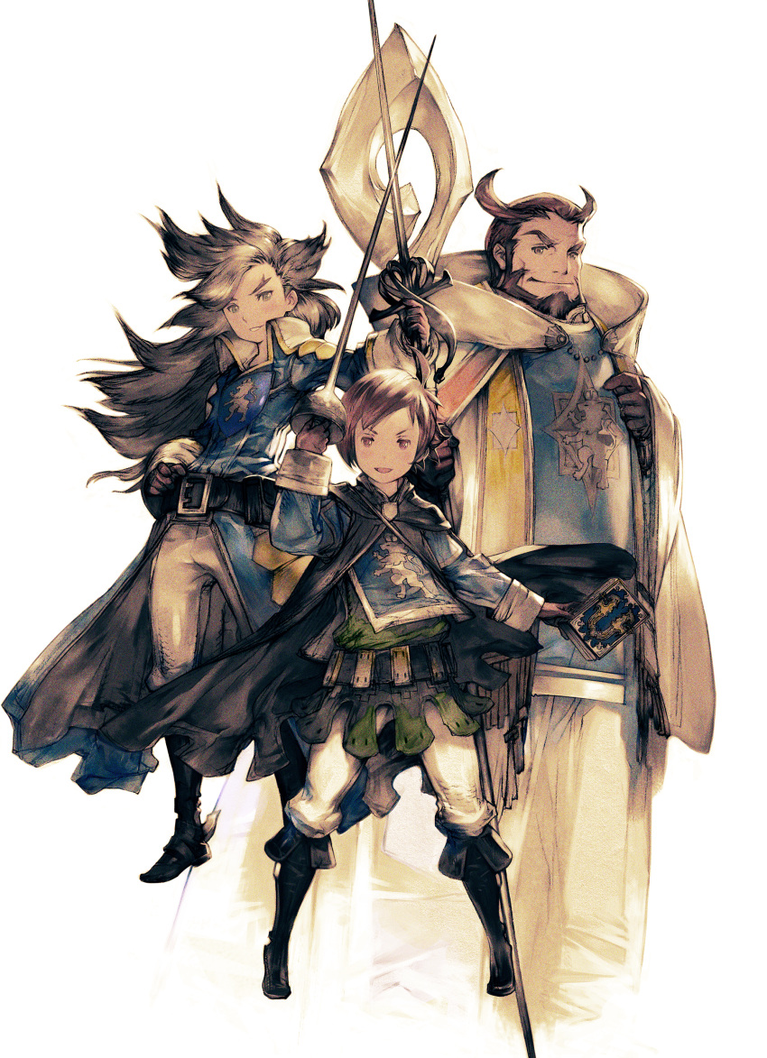 3boys, absurdres, ahoge, beard, belt, black_belt, black_boots, black_cape
