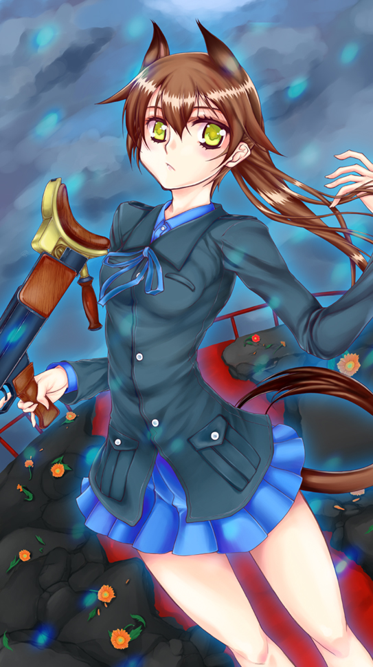 animal_ears, brown_hair, flower, green_eyes, gun, long_hair, marie_(bethlehem), military