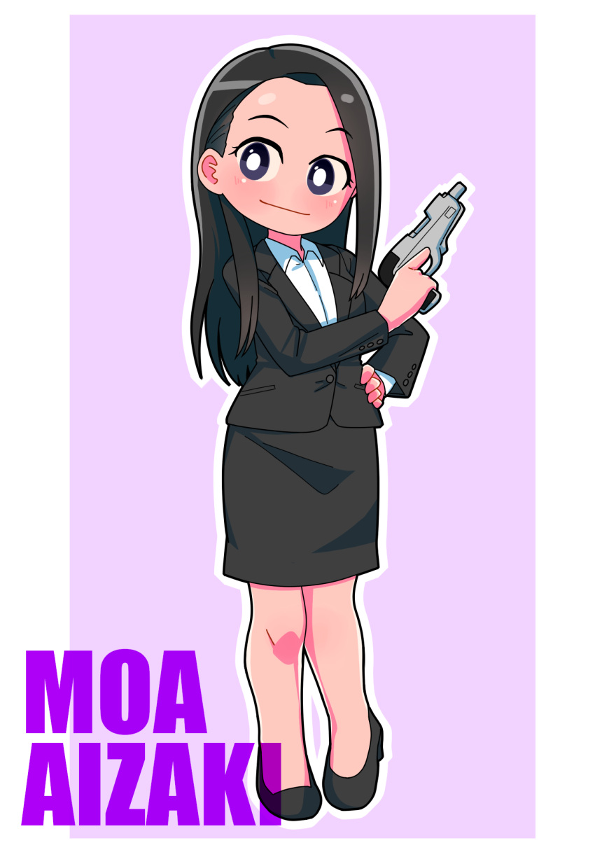 1girl, aizaki_moa, animification, black_hair, black_high_heels, black_jacket, black_shoes, black_skirt, blush, border, bright_pupils, buttons, character_name, closed_mouth, collared_shirt, commentary, curtained_hair, dress_shirt, formal_clothes, full_body, grey_eyes, gun, hand_on_own_hip, hand_up, handgun, high_heels, highres, holding, holding_gun, holding_weapon, index_finger_raised, jacket, lapels, long_hair, long_sleeves, looking_to_the_side, miniskirt, no_nose, pencil_skirt, purple_background, raised_eyebrows, shirt, shoes, skirt, skirt_suit, smile, solo, standing, suit, suit_jacket, tokusatsu, tsubasa_(godbardtsubasa), ultra_series, ultraman_geed_(series), weapon, white_border, white_pupils, white_shirt, wing_collar