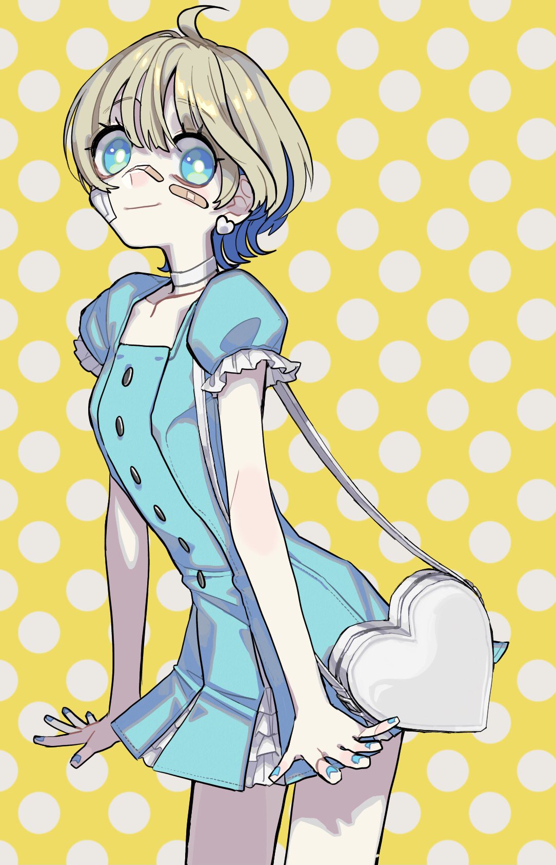 1girl, aegyo_sal, ahoge, bag, bandage_on_cheek, bandaid, bandaid_on_cheek, bandaid_on_face