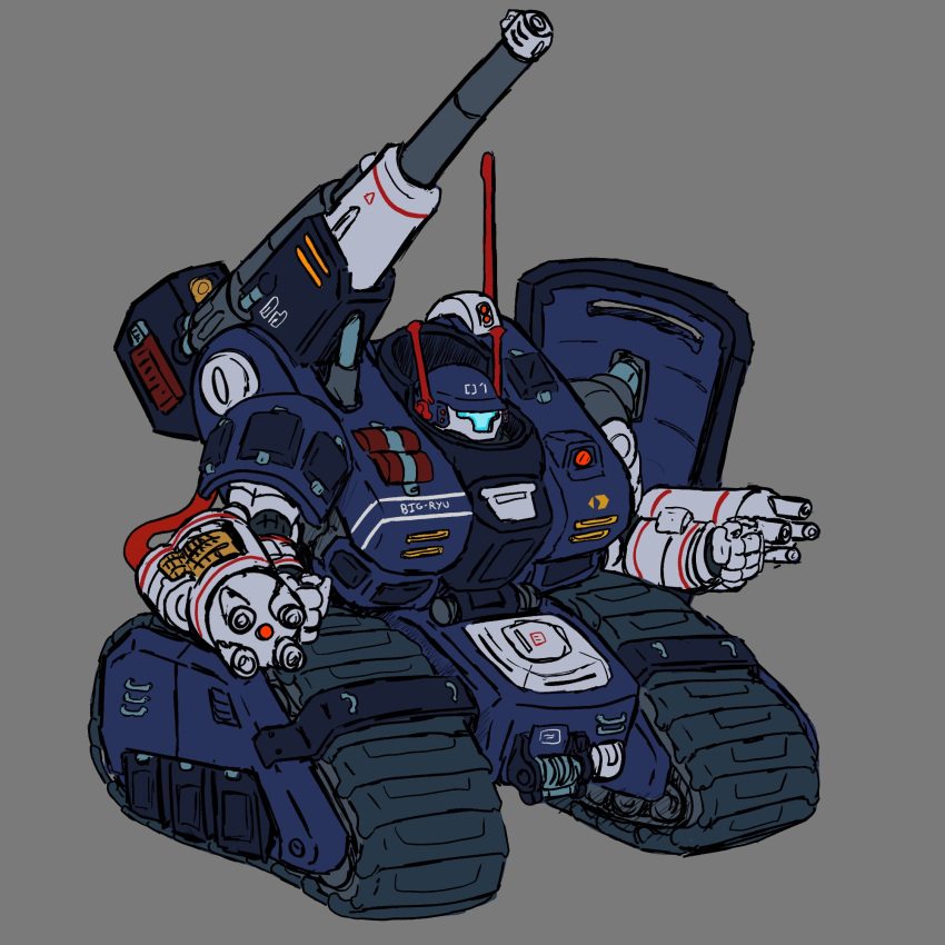 arm_cannon, arm_shield, armor, assault_visor, blue_armor, blue_visor, cable, caterpillar_tracks