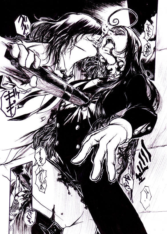 bad_id, blood, glasses, gun, hellsing, miwa_hitomi, monochrome, rifle, rip_van_winkle, strelka1983, weapon