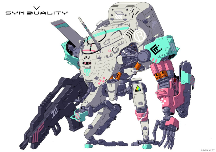 assault_rifle, bowie_rabbit, chainsaw, cradle_coffin, full_body, gun, gyoubu_ippei, hazard_stripes