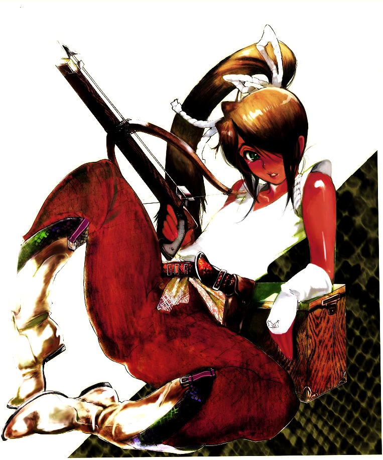 bad_id, bow_(weapon), brown_hair, crossbow, dark_skin, drifters, gun, male