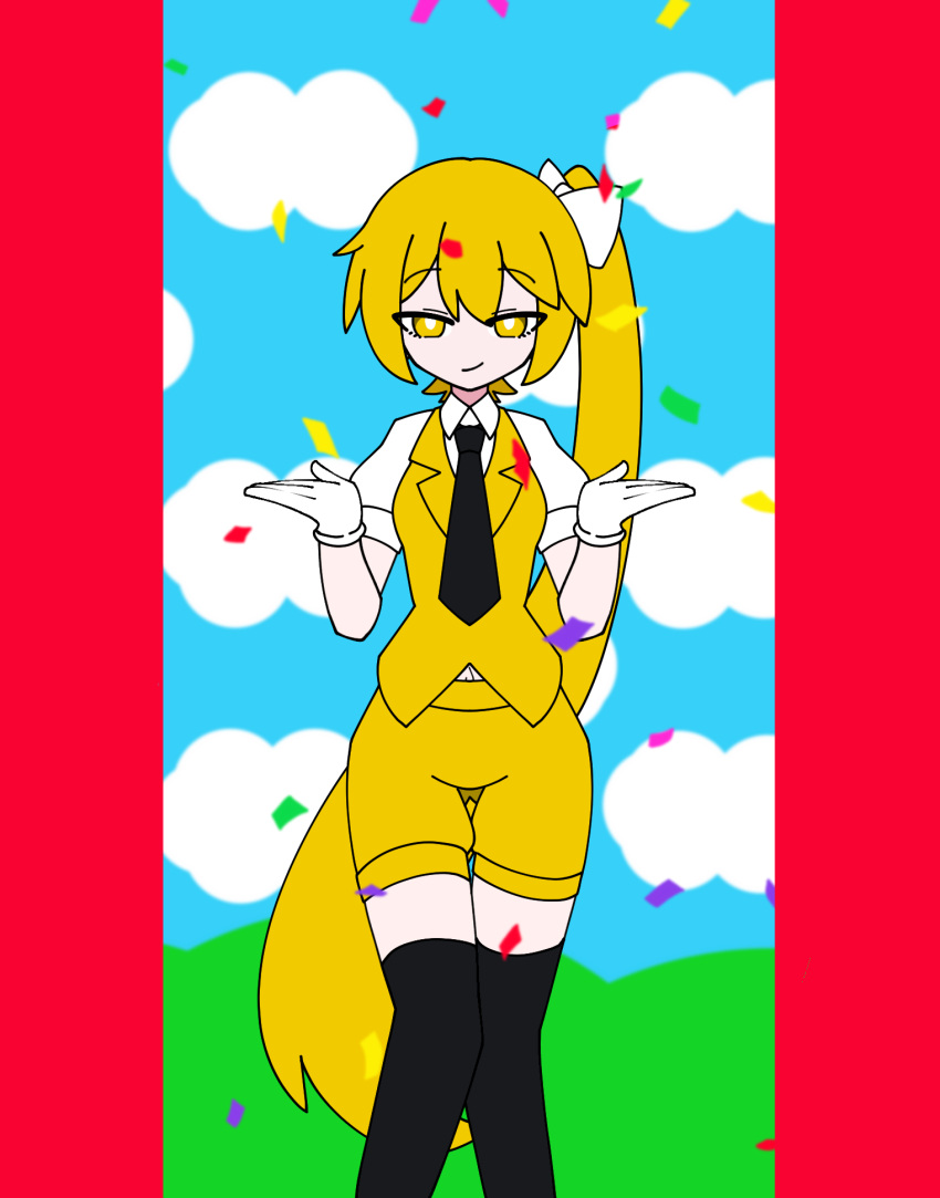 1girl, akita_neru, black_thighhighs, blonde_hair, closed_eyes, coin, coin_on_string, gloves