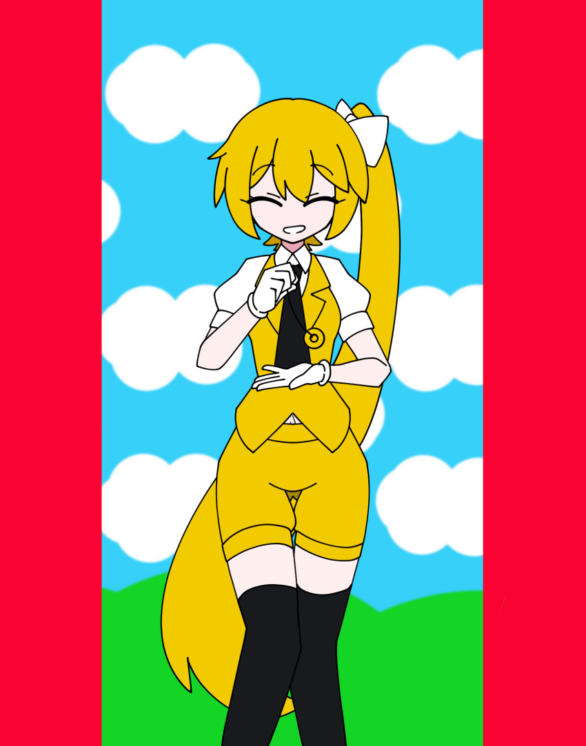 1girl, akita_neru, black_thighhighs, blonde_hair, closed_eyes, coin, coin_on_string, grin