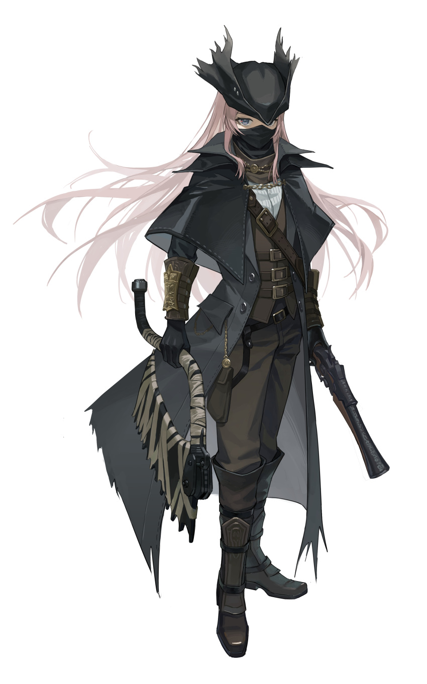 1girl, absurdres, bang_dream!, bang_dream!_it's_mygo!!!!!, belt, belt_buckle, black_belt, black_capelet, black_gloves, black_hat, black_mask, bloodborne, boots, brown_boots, brown_pants, brown_vest, buckle, capelet, chihaya_anon, chinese_commentary, commentary_request, cosplay, dododo_(fightingdodo), gloves, grey_eyes, gun, hat, highres, holding, holding_gun, holding_weapon, hunter_(bloodborne), hunter_(bloodborne)_(cosplay), long_hair, mask, mouth_mask, pants, pink_hair, shirt, simple_background, solo, vest, weapon, white_background, white_shirt