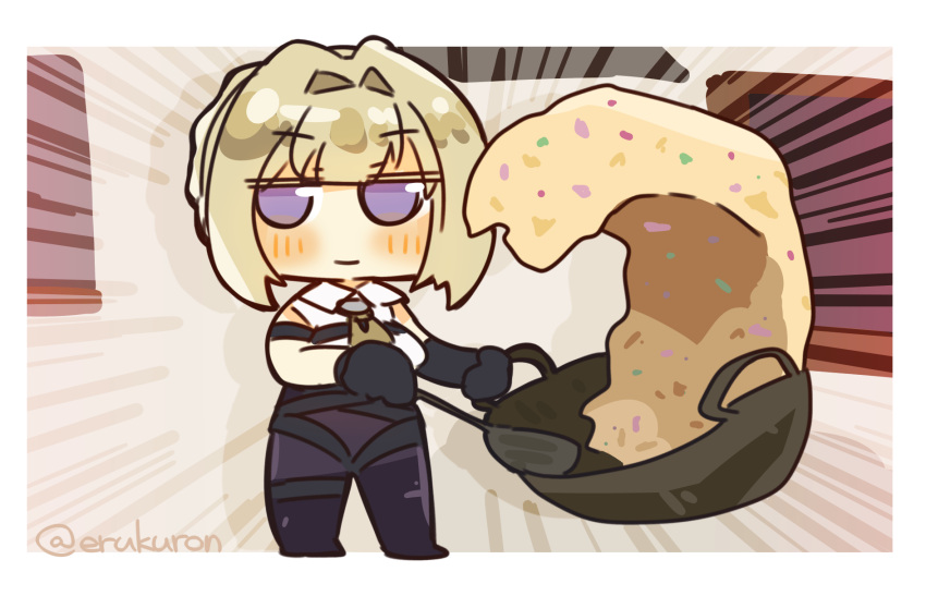 1girl, blonde_hair, chibi, detached_sleeves, emphasis_lines, evelyn_chevalier, food, fried_rice