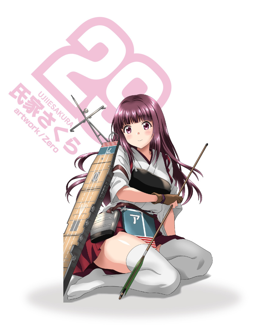 1girl, absurdres, akagi_(kancolle), akagi_(kancolle)_(cosplay), arrow_(projectile), cosplay, flight_deck, gloves