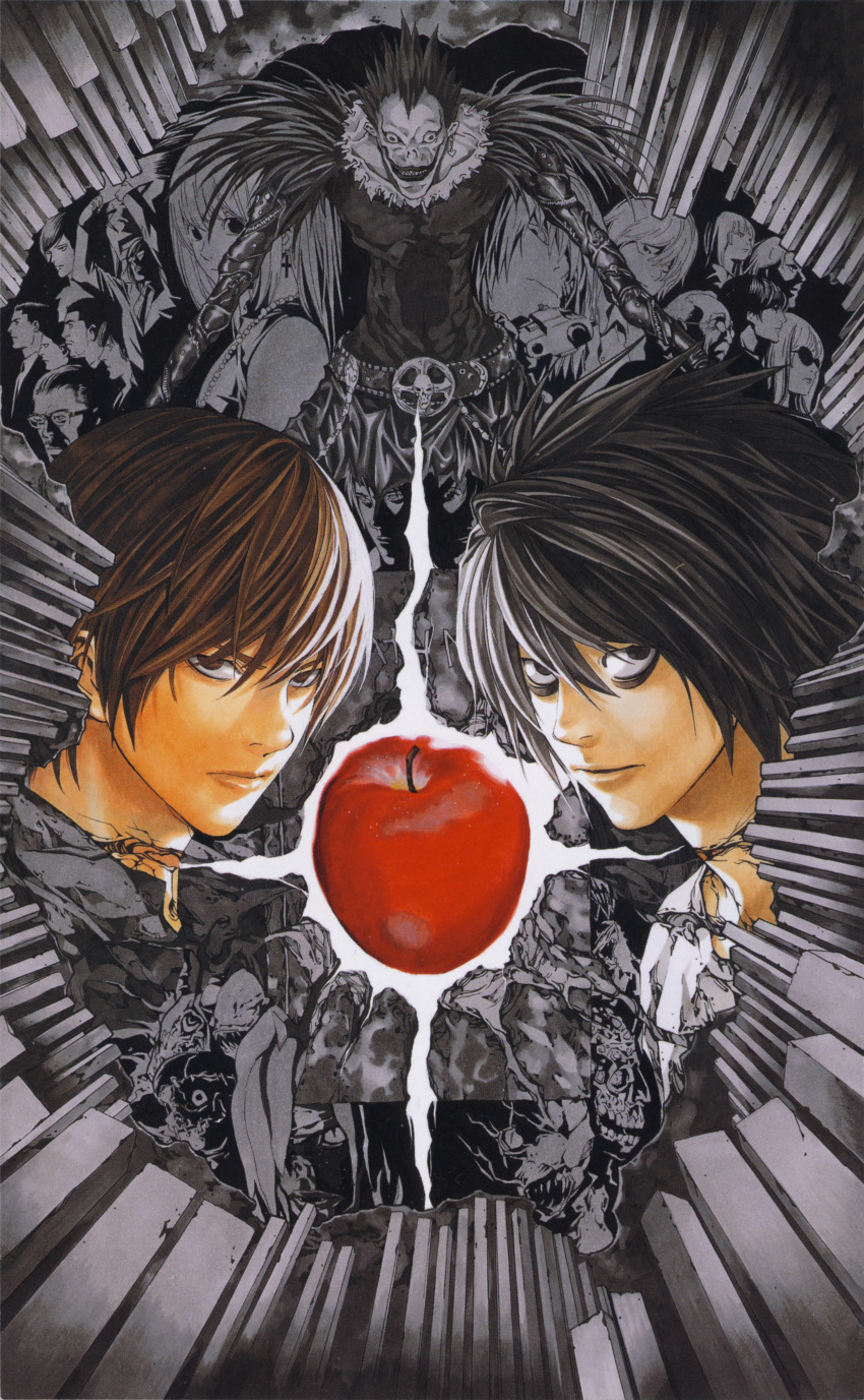 6+boys, absurdres, aiber, amane_misa, apple, bags_under_eyes, belt, black_eyes