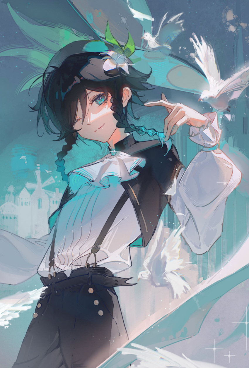 1boy, androgynous, aqua_eyes, beret, bird, black_hair, blue_hair, braid