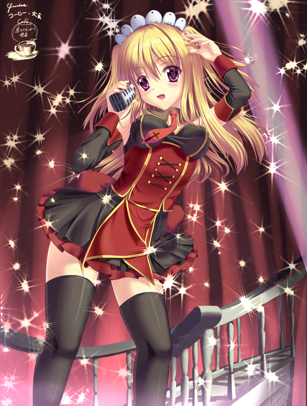 black_thighhighs, blonde_hair, breasts, custom_maid_3d, detached_sleeves, highres, maid_headdress, microphone, nail_polish, necktie, open_mouth, purple_eyes, skirt, solo, sparkle, thigh-highs, thighhighs, violet_eyes, yurina, zettai_ryouiki