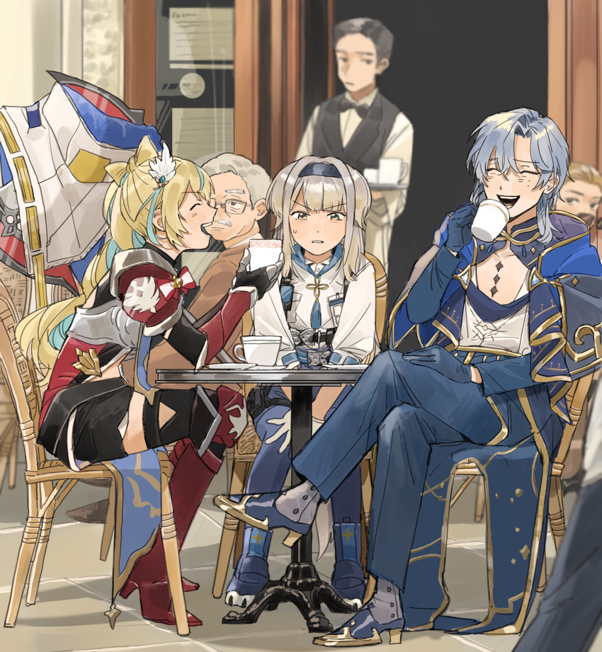 aqua_hair, axe, blonde_hair, boots, cafe, chair, crossed_legs, gauntlets