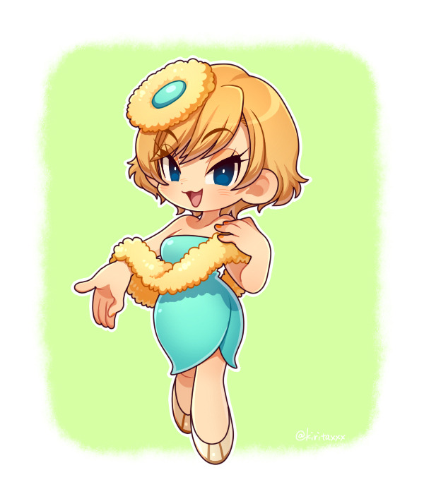 1girl, animification, blue_dress, blue_eyes, blush, brown_hair, chibi, chibi_only