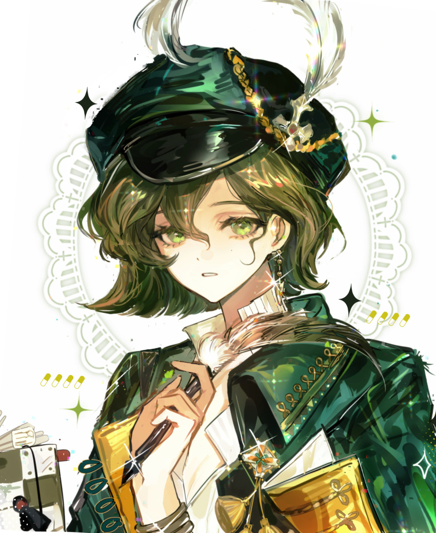 1girl, absurdres, brown_hair, cabbie_hat, cape, green_cape, green_eyes, green_hat