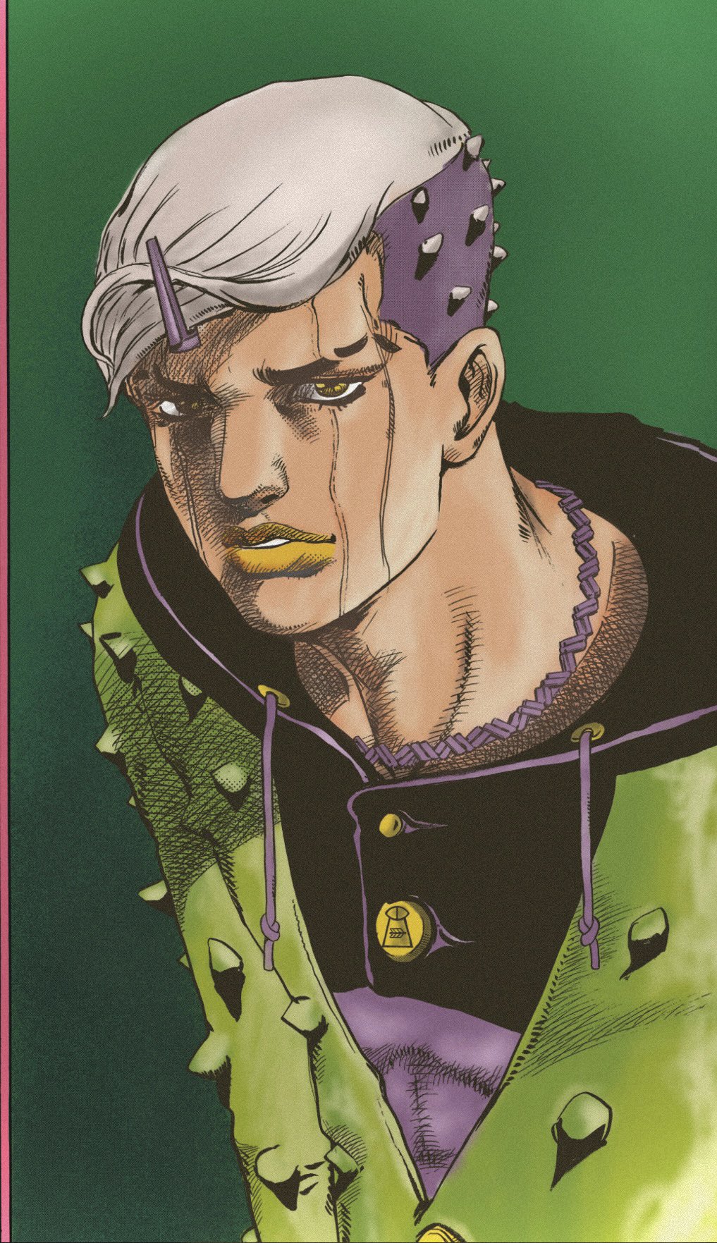 1boy, aka_fridge4k, araki_hirohiko_(style), black_hair, black_hood, black_hoodie, green_background, green_hoodie