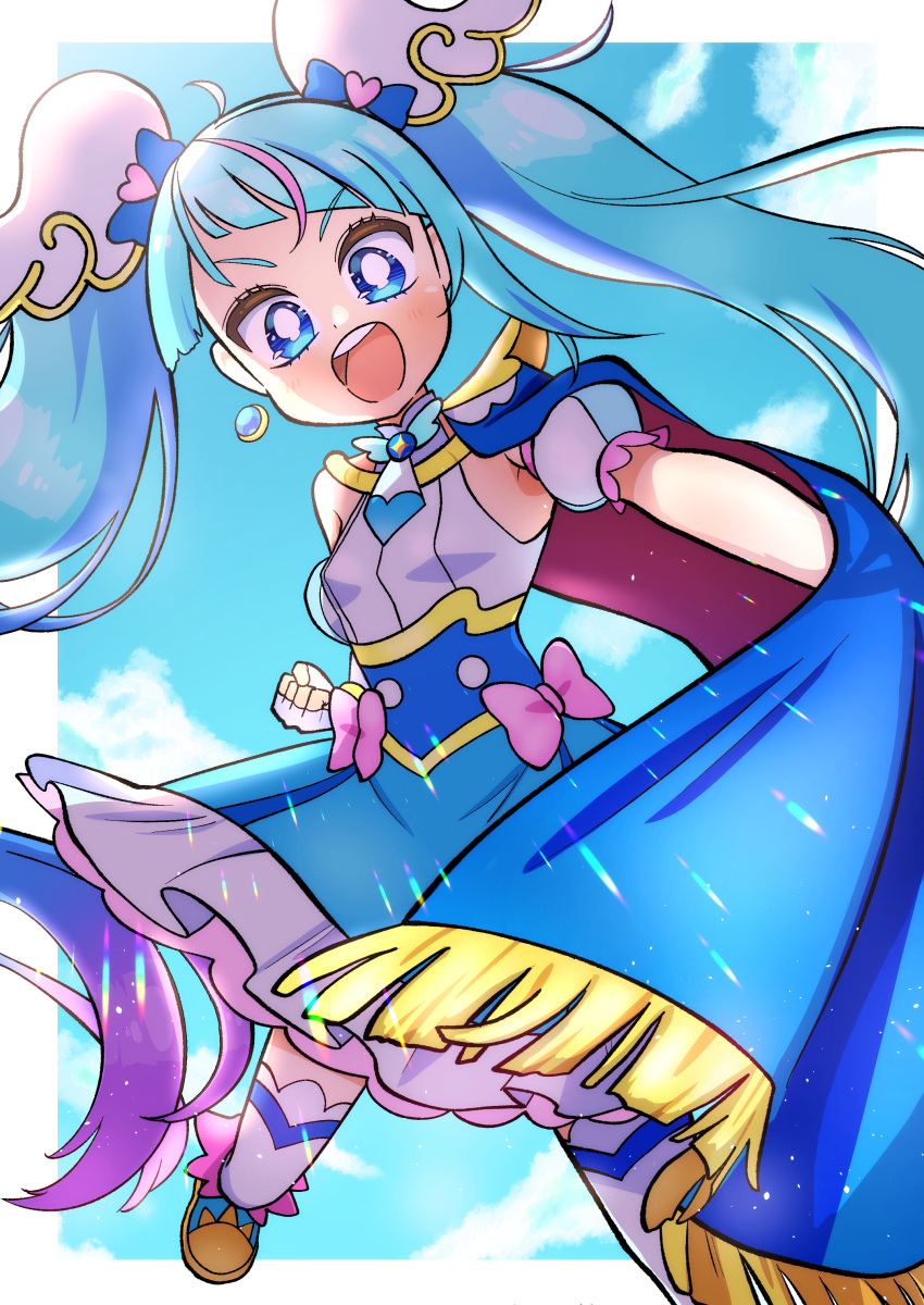 1girl, :d, absurdres, blue_boots, blue_cape, blue_dress, blue_eyes, blue_hair