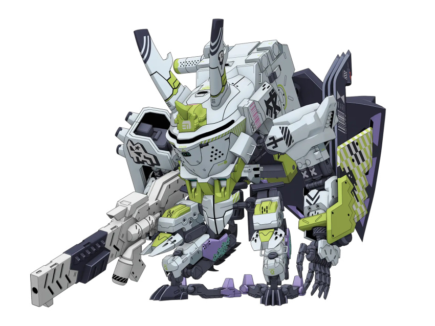 cradle_coffin, daisy_ogre, daisy_ogre_fix, energy_claws, full_body, gun, gyoubu_ippei, hazard_stripes, highres, holding, holding_gun, holding_weapon, horns, joints, logo_print, mecha, mechanical_horns, no_humans, railgun, robot, robot_joints, synduality, synduality_noir, walker_(robot), weapon