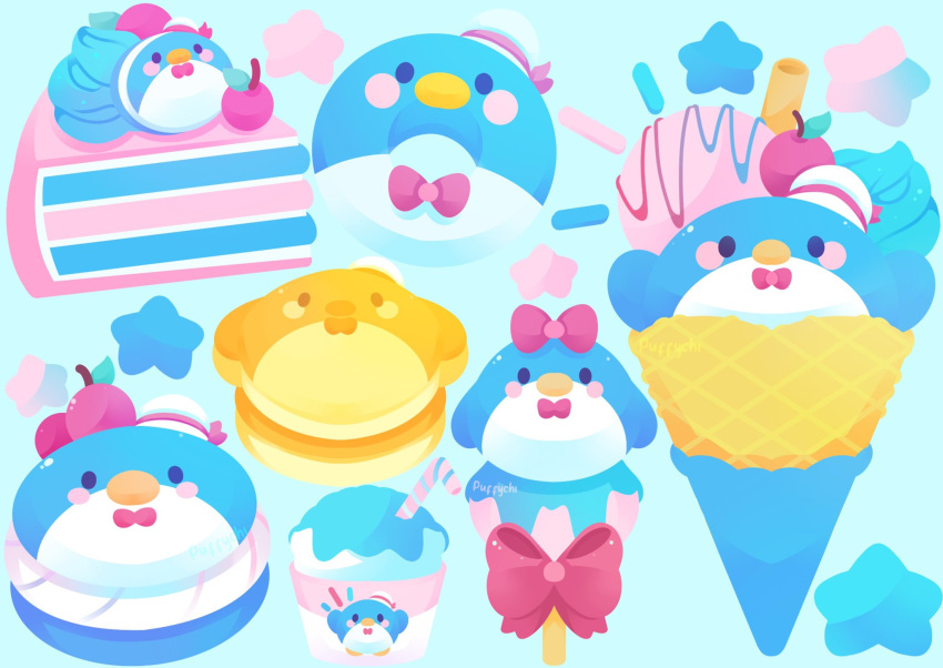 animal-themed_food, bird, blue_background, blue_theme, bow, bowtie, cake, cake_slice