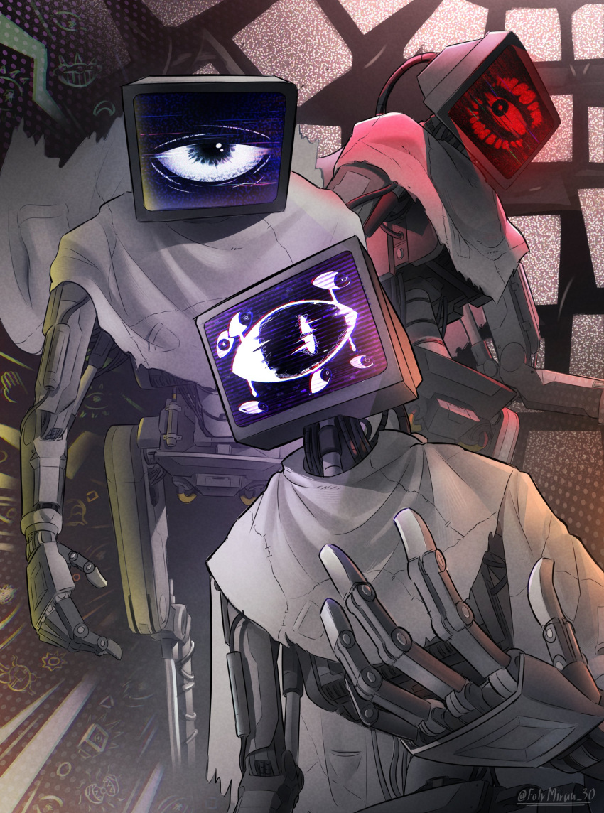 absurdres, cable, cape, commentary, crt, dr._harley_sawyer_(poppy_playtime), english_commentary, extra_eyes