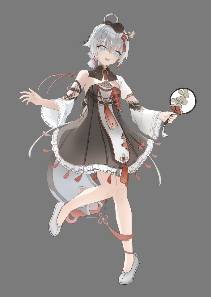 1girl, :d, blue_eyes, china_dress, chinese_clothes, dress, frilled_dress, frills, full_body, grey_background, hair_ornament, hand_fan, hei_yubai_yuan, holding, holding_fan, honkai_(series), honkai_impact_3rd, looking_at_viewer, open_mouth, simple_background, smile, solo, theresa_apocalypse, white_hair, white_sleeves, zhuge_kongming_(herald_of_spring)_(honkai_impact), zhuge_kongming_(honkai_impact)