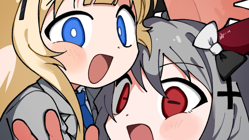 2girls, against_fourth_wall, aiobahn, angel, angel_and_devil, blonde_hair, blue_eyes, blue_necktie